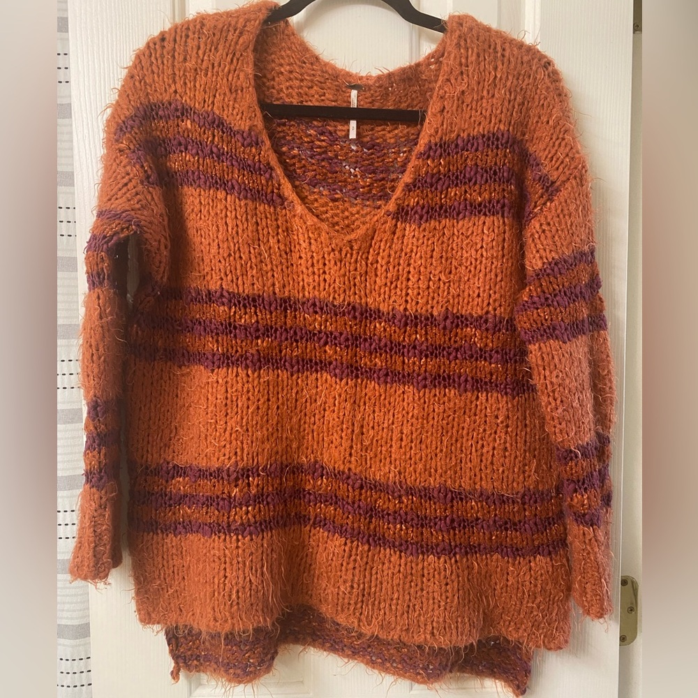 Free People V-Neck Linus Fuzzy Striped Pullover Sweater Size Small